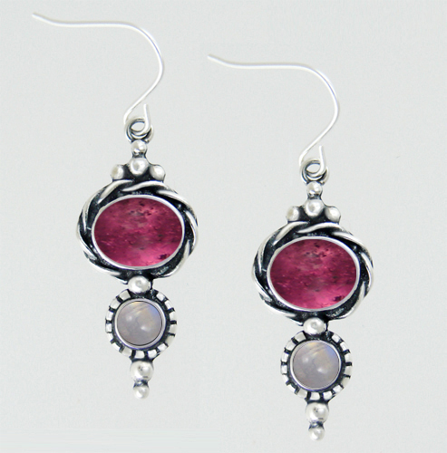 Sterling Silver Drop Dangle Earrings With Pink Tourmaline And Rainbow Moonstone